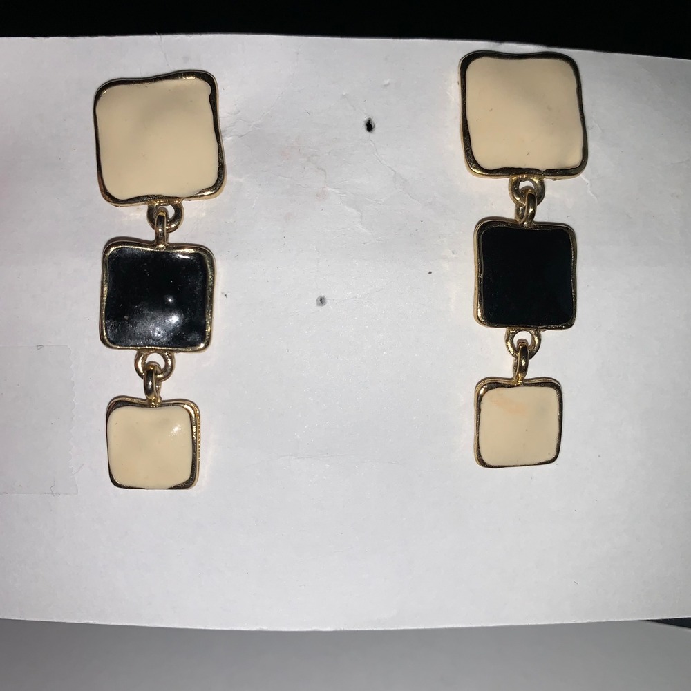 Vintage Style Enamel Square Drop Earrings Gold Tone Black Cream Geometric Dangle